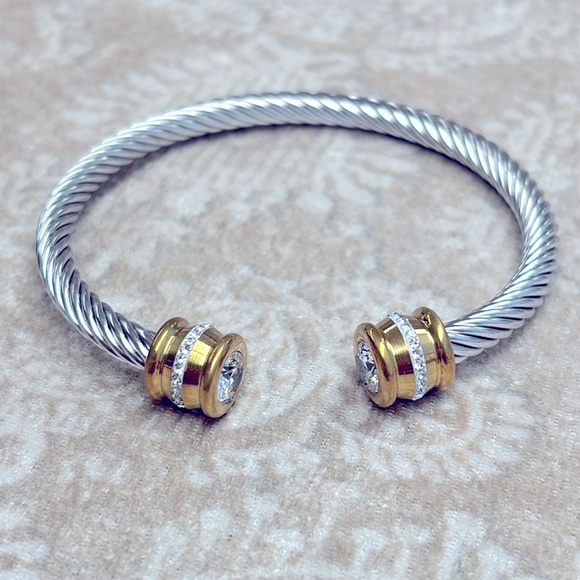 Gold & Silver Two-Tone Twisted Cable Cuff Bangle Bracelet Crystal Rhinestone - Picture 10 of 12